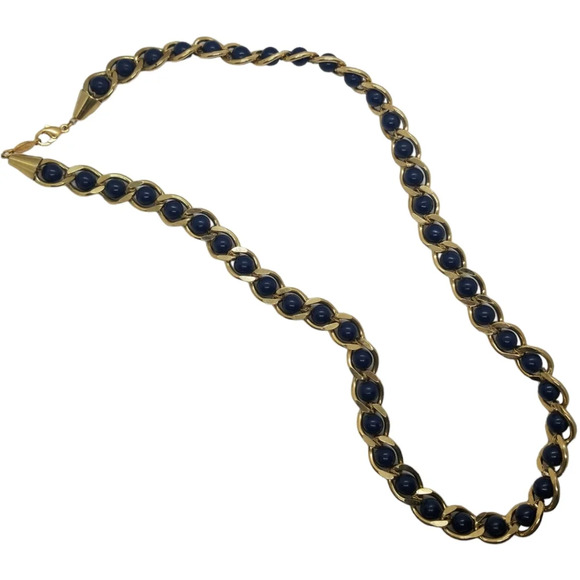 NAPIER VINTAGE GOLDTONED CHAIN & NAVY BLUE BEAD STATEMENT NECKLACE - Picture 3 of 5